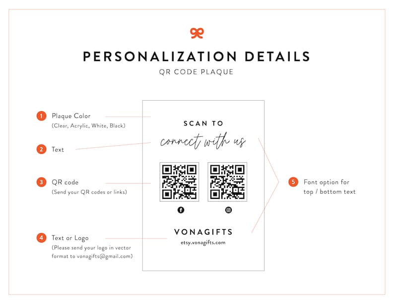 May include: A white card with a QR code plaque design template. The card has instructions for customizing the plaque with a choice of colors, text, QR codes, and a logo. The text on the card reads "SCAN TO connect with us" and "VONAGIFTS etsy.vonagifts.com".