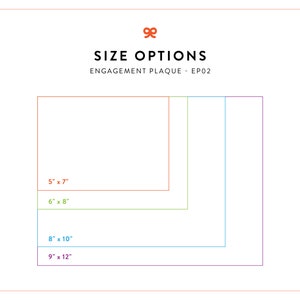 May include: A graphic showing different size options for an engagement plaque. The sizes are 5 inches by 7 inches, 6 inches by 8 inches, 8 inches by 10 inches, and 9 inches by 12 inches.