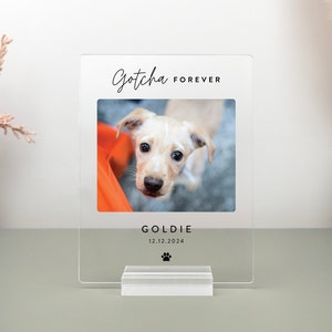 Custom pet adoption acrylic plaque celebrating a pet’s Gotcha Day. Designed with a sleek, modern look, it includes a sturdy acrylic base for tabletop display.