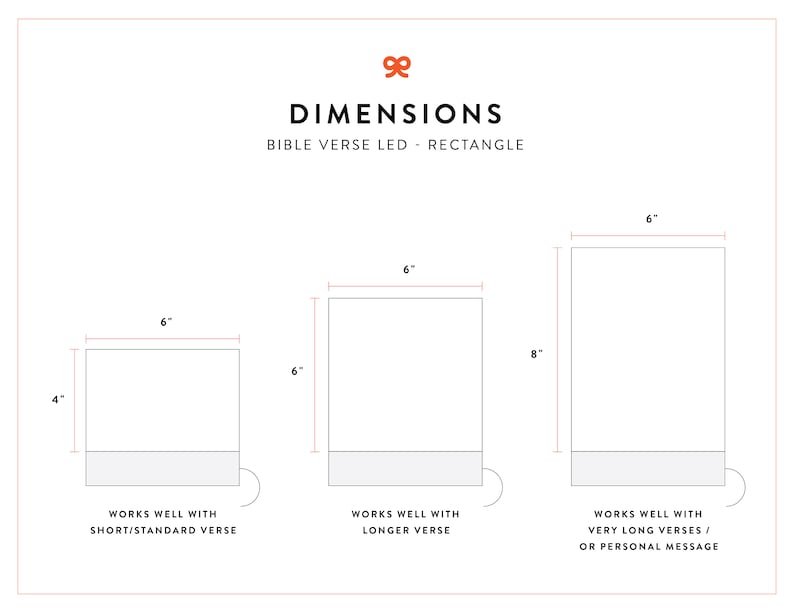 Puede incluir: Diagrama que muestra tres tama&ntilde;os diferentes de letreros LED rectangulares con dimensiones en pulgadas. Los letreros son para mostrar vers&iacute;culos b&iacute;blicos o mensajes personales. El letrero m&aacute;s peque&ntilde;o mide 4 pulgadas por 6 pulgadas, el letrero del medio mide 6 pulgadas por 6 pulgadas y el letrero m&aacute;s grande mide 6 pulgadas por 8 pulgadas.