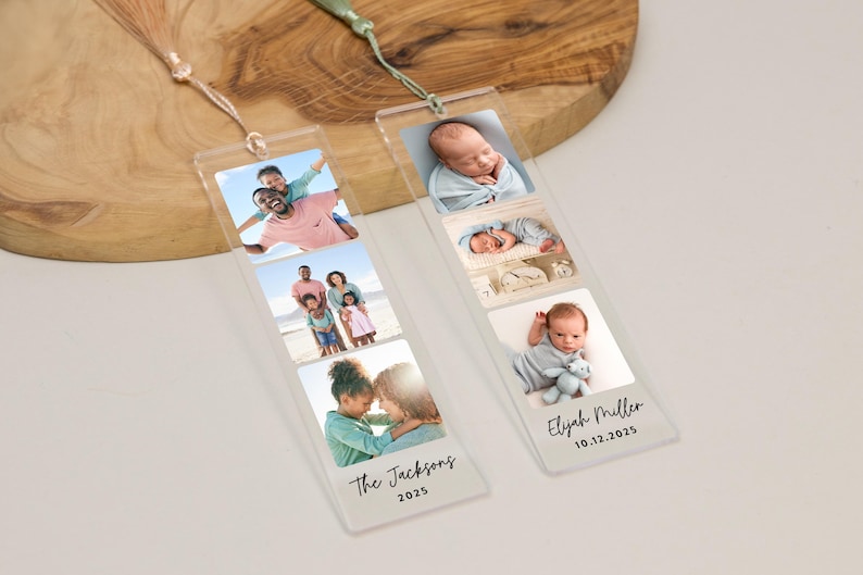 May include: Two clear acrylic bookmarks with family photos. One bookmark features the text "The Jacksons 2025". The other bookmark has the text "Elyah Miller 10.12.2025". Each bookmark has a tassel attached.