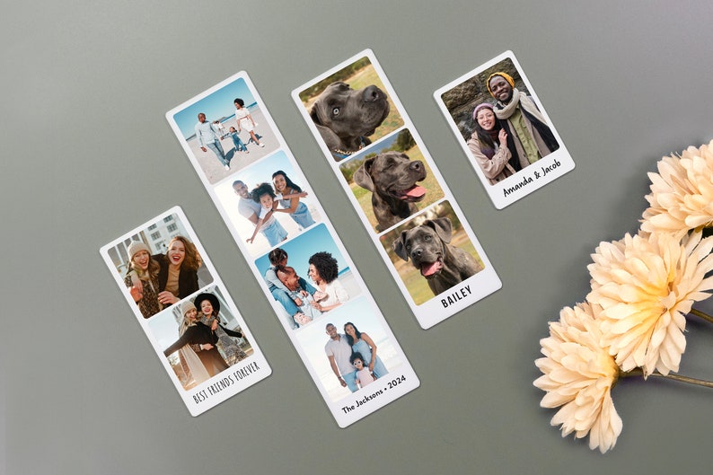 Personalized photo strip magnets featuring custom images and text. These high-quality, durable magnets are perfect for displaying cherished memories on refrigerators, lockers, or any magnetic surface.