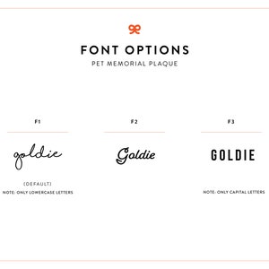 May include: Three font options for a pet memorial plaque. The first option is in lowercase letters, the second option is in a cursive font, and the third option is in all capital letters.