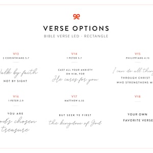 Puede incluir: Un fondo blanco con un dise&ntilde;o negro y naranja. El texto "VERSE OPTIONS" est&aacute; en negro y el texto "BIBLE VERSE LED - RECTANGLE" est&aacute; en naranja. Se enumeran ocho vers&iacute;culos b&iacute;blicos diferentes con sus n&uacute;meros de vers&iacute;culo y referencias b&iacute;blicas correspondientes.