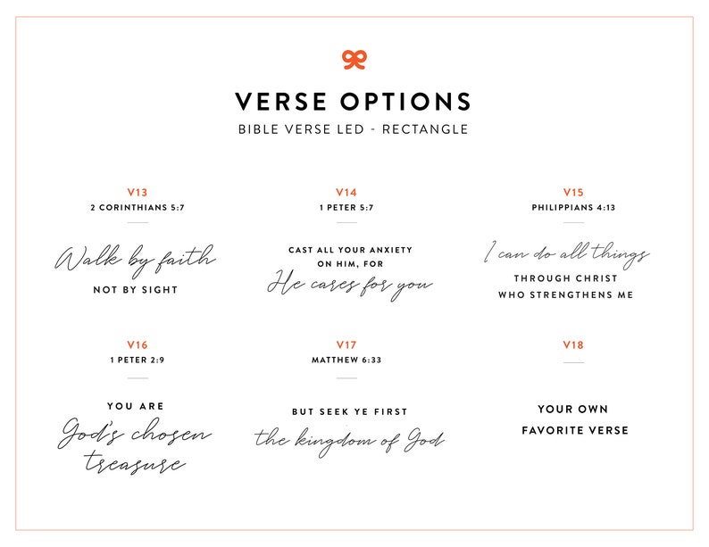 Puede incluir: Un fondo blanco con un dise&ntilde;o negro y naranja. El texto "VERSE OPTIONS" est&aacute; en negro y el texto "BIBLE VERSE LED - RECTANGLE" est&aacute; en naranja. Se enumeran ocho vers&iacute;culos b&iacute;blicos diferentes con sus n&uacute;meros de vers&iacute;culo y referencias b&iacute;blicas correspondientes.