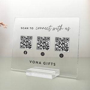 This is a custom acrylic QR code sign designed for businesses to connect with customers. The plaque stands upright in a clear acrylic base, perfect for checkout counters, pop-up shops, or event booths.