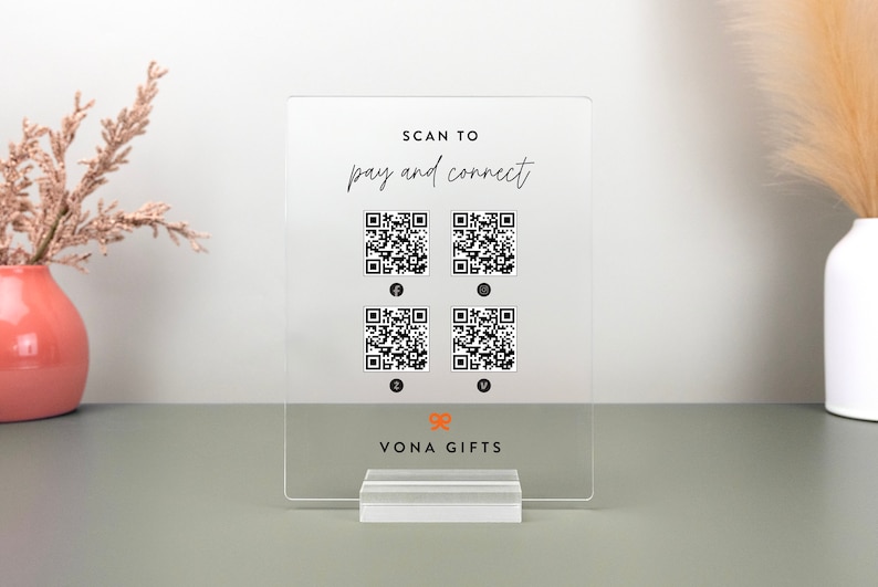 This is a custom acrylic QR code sign designed for businesses to connect with customers. The plaque stands upright in a clear acrylic base, perfect for checkout counters, pop-up shops, or event booths.