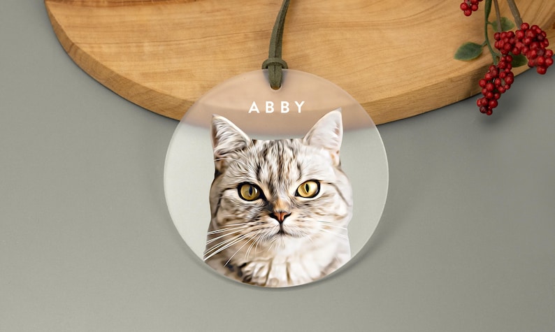 A round acrylic ornament featuring a cartoonish illustration of a cat. The name is displayed at the top in white, simple font. The frosted ornament is attached with a green cord, adding a cheerful touch.