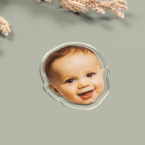 Custom face-shaped photo magnets. Featuring cutout designs of pet and baby faces. Perfect for decorating refrigerators, lockers, or any magnetic surface.