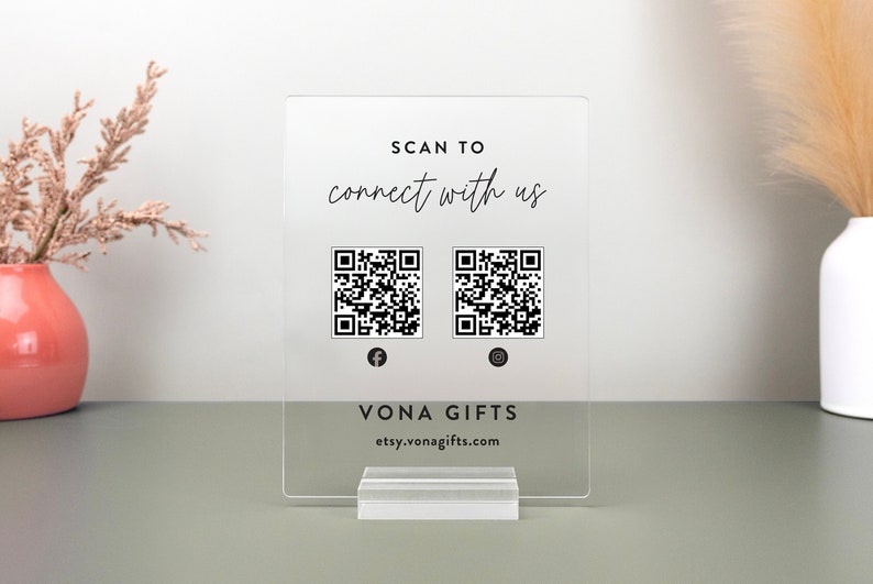 This is a custom acrylic QR code sign designed for businesses to connect with customers. The plaque stands upright in a clear acrylic base, perfect for checkout counters, pop-up shops, or event booths.