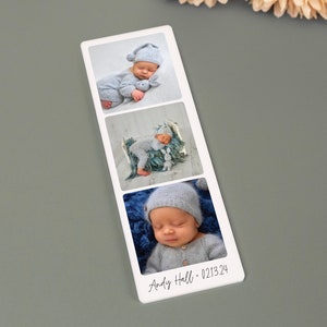 Personalized photo strip magnets featuring custom images and text. These high-quality, durable magnets are perfect for displaying cherished memories on refrigerators, lockers, or any magnetic surface.