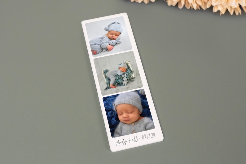 Personalized photo strip magnets featuring custom images and text. These high-quality, durable magnets are perfect for displaying cherished memories on refrigerators, lockers, or any magnetic surface.