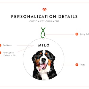 May include: A white round ornament with a black and brown dog illustration and the name "MILO" printed in black. The ornament is for a custom pet ornament.