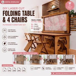 May include: A digital download for a DIY laser cut folding table and four chairs plywood furniture set. The design features a wall-mounted frame that stores the table and chairs. Includes vector files in AI, SVG, CDR, DXF, and PDF formats.