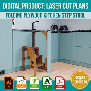 Puede incluir: Producto digital planos de corte láser para un taburete de cocina plegable de madera contrachapada. El diseño muestra un taburete de madera con estructura de varios niveles en una cocina. Incluye iconos de formato Ai, SVG, CDR, DXF y PDF.