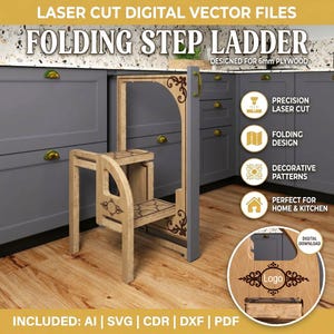 Op de afbeelding: Een inklapbare trapladder van lichtgekleurd hout met lasergesneden decoratieve patronen op de zijpanelen en treden. Het product is ontworpen voor 6 mm multiplex en bevat digitale vectorbestanden in AI, SVG, CDR, DXF en PDF-formaten.