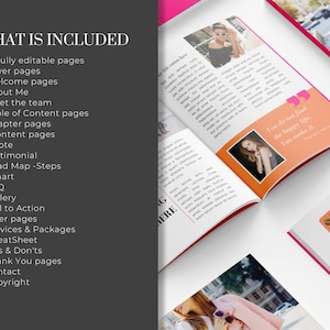Op de afbeelding: Een mockup van een e-book van 120 pagina's met een roze, rode en oranje kleurschema. Het e-book bevat een inhoudsopgave, hoofdstukken, citaten, getuigenissen, grafieken en meer. De tekst "WHAT IS INCLUDED" staat bovenaan de pagina.