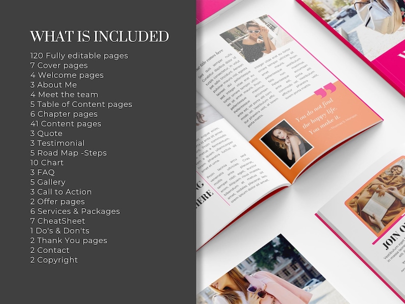 Op de afbeelding: Een mockup van een e-book van 120 pagina's met een roze, rode en oranje kleurschema. Het e-book bevat een inhoudsopgave, hoofdstukken, citaten, getuigenissen, grafieken en meer. De tekst "WHAT IS INCLUDED" staat bovenaan de pagina.