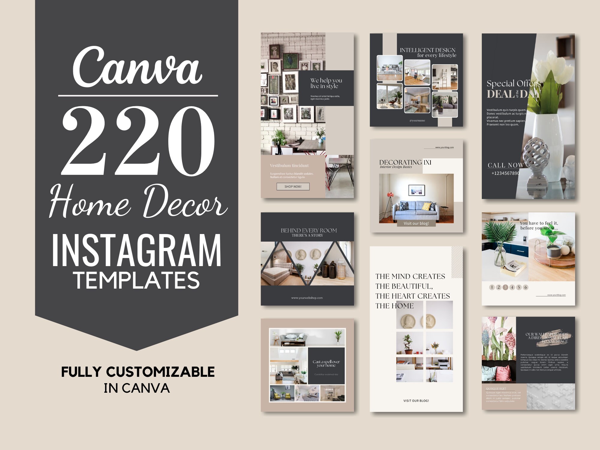 220 Home Decor Instagram Templates: Canva Social Media Kit - Etsy