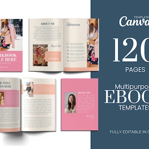 Puede incluir: Un conjunto de 120 plantillas de libro electrónico multipropósito para Canva, totalmente editables. Las plantillas tienen un esquema de color rosa y blanco con imágenes de mujeres. El texto de la portada dice "120 páginas Plantillas de libro electrónico multipropósito Totalmente editables en Canva".