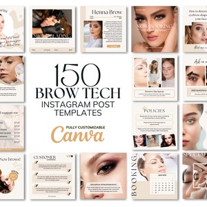 May include: A collage of 150 customizable Instagram post templates for brow technicians. The templates feature a variety of designs, including images of eyebrows, text, and graphics. The templates are fully customizable and can be used to promote brow services, share tips, and connect with clients.
