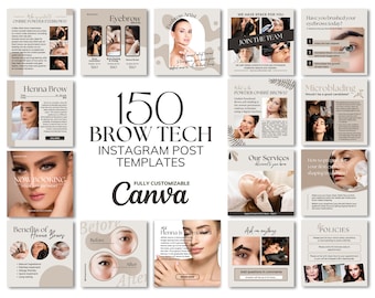 May include: A collage of 12 Instagram post templates for brow technicians. The templates feature images of women with different eyebrow styles, text about eyebrow services, and the phrase "150 Brow Tech Instagram Post Templates Fully Customizable Canva".