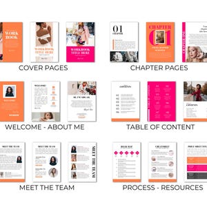 Op de afbeelding: Een digitale werkboek sjabloon met een roze en oranje kleurenschema. De sjabloon bevat omslagpagina's, welkom- en over mij-pagina's, een inhoudsopgave, teampagina's en proces- en resourcepagina's. De sjabloon is ontworpen voor een bedrijf of een persoonlijk merk.
