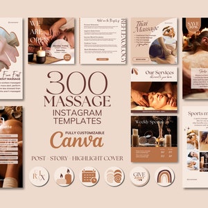 Modelli Instagram per massaggiatori, post Instagram per centri benessere, modello per massaggi, feed Instagram per marketing di massaggi, attività di bellezza
