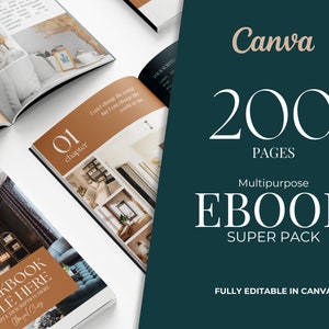 Op de afbeelding: Een mockup van een 200 pagina's tellende ebook superpack, volledig bewerkbaar in Canva. De omslag heeft een bruin en wit kleurenschema met de tekst "WORKBOOK TITLE HERE" en "SIMPLE DESCRIPTION HERE". De achtergrond is een foto van een kamer met een boekenkast en een raam.