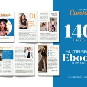 May include: A multi-page ebook template with a blue and white design. The cover features a woman in a hat. The ebook has 140 pages and is fully editable in Canva. The text includes "Workbook", "Chapter Reading Goes Here", and "Multipurpose Ebook Templates".