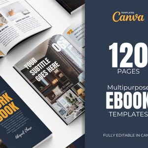 Elegante template per ebook Canva di 120 pagine, guida di marketing, strumento per acquisire contatti commerciali, manuale di marketing, creatore di corsi.