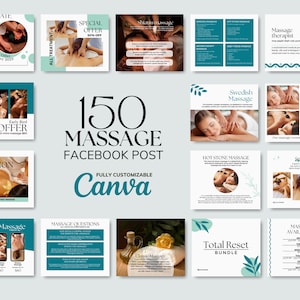 Op de afbeelding: Een verzameling van 150 aanpasbare Facebook-posttemplates voor massagetherapeuten. De templates bevatten afbeeldingen van mensen die massages krijgen, tekst over verschillende soorten massage en een verscheidenheid aan kleuren en ontwerpen. De tekst "150 Massage Facebook Post" en "Volledig aanpasbaar Canva" wordt in het midden van de afbeelding weergegeven.