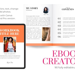 Op de afbeelding: Een digitale tablet met een werkboektemplate met een oranje achtergrond en de tekst "WORKBOOK TITLE HERE". De template bevat een placeholder-afbeelding van een vrouw die een rood jasje en een hoed draagt. De tekst "Edit colors, text, change font, add photos. Works with Canva Free and Pro version." wordt boven de tablet weergegeven. Een mockup van een open boek met de tekst "MY STORY Introduction" en "Table of CONTENTS" wordt rechts van de tablet weergegeven. De tekst "EBOOK CREATOR 90 volledig bewerkbare pagina's" wordt onder de tablet en het boek weergegeven.