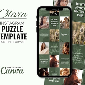 Puede incluir: Una plantilla de rompecabezas de Instagram verde y blanca con el texto "Olivia Instagram Puzzle Template Portrait Format" y "Totalmente personalizable Canva". La plantilla está dividida en nueve cuadrados, cada uno con una imagen o texto diferente. Las imágenes incluyen una mujer con un vestido blanco, una mujer con un vestido marrón, una mujer con un vestido verde, una mujer con un vestido azul, una mujer con un vestido rojo, una mujer con un vestido amarillo, una mujer con un vestido morado, una mujer con un vestido rosa y una mujer con un vestido negro. El texto incluye las frases "El futuro depende de lo que hagas hoy", "La felicidad es una elección", "Ustedes, los que se rinden, nunca ganan", "Toda mi fuerza vino de saber que tenía que proteger mis sueños", "Si los sueños pueden hacerse realidad si tenemos el coraje de perseguirlos", "Mejor manténgase limpio y brillante, usted es la ventana a través de la cual", "Las mujeres nunca se rinden, los que se rinden nunca ganan", y "Ser campeón es hacer un sacrificio".