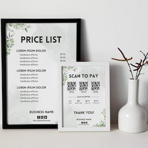 Liste de prix imprimable et numérisation pour payer, panneau de paiement, modèle de panneau de code QR, modifiable dans Canva, liste de prix pour les petites entreprises, liste de prix