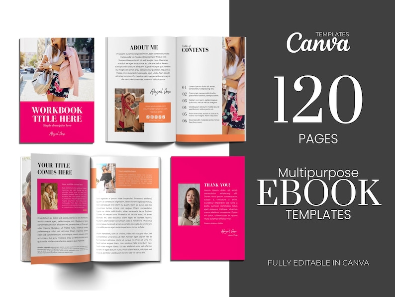 Op de afbeelding: Een set van 120 roze en witte e-book sjablonen voor Canva. De sjablonen zijn multifunctioneel en volledig bewerkbaar. De afbeelding toont een paar voorbeeldpagina's met tekst en afbeeldingen.