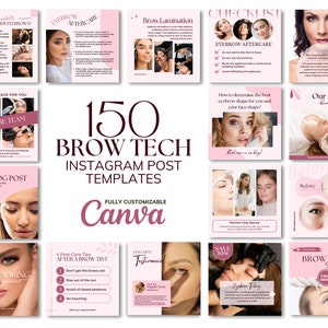 May include: A collage of pink and white Instagram post templates for brow technicians. The templates feature images of women with eyebrows, text about brow services, and the words "150 Brow Tech Instagram Post Templates" in a pink and white font.