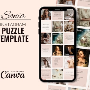 Puede incluir: La pantalla de un teléfono que muestra una plantilla para un rompecabezas de Instagram de nueve cuadrados. La plantilla presenta una variedad de imágenes, incluida una mujer con flores en el pelo, un diente de león y una cita sobre el éxito. El texto "Inspire" aparece en uno de los cuadrados. El texto "Nuestra mayor debilidad radica en rendirnos. La forma más segura de tener éxito es siempre intentar una vez más." aparece en otro cuadrado.