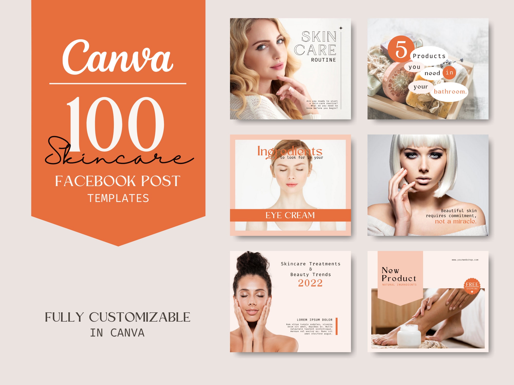 100 Skincare Facebook Post Templates, Canva Template, Esthetician 