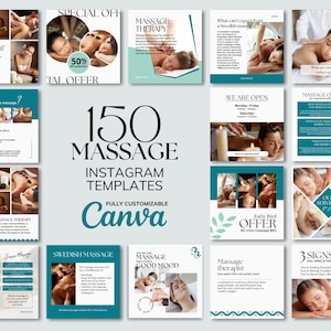 Op de afbeelding: Een verzameling van 150 aanpasbare Instagram-sjablonen voor massagetherapeuten. De sjablonen hebben een teal en wit kleurenschema met afbeeldingen van mensen die massages krijgen. De tekst "150 Massage Instagram Templates Volledig aanpasbaar Canva" wordt weergegeven in vetgedrukt zwart.