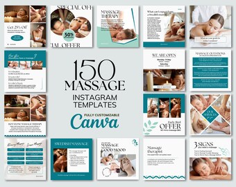 May include: A collection of 150 customizable Instagram templates for massage therapists. The templates feature a teal and white color scheme with images of people receiving massages. The text "150 Massage Instagram Templates Fully Customizable Canva" is displayed in bold black font.