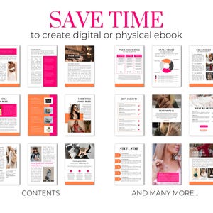 Op de afbeelding: Een collage van afbeeldingen die verschillende sjablonen laten zien voor het maken van een e-book. De sjablonen bevatten secties voor een prijsoverzicht, een cyclisch diagram, getuigenissen en meer. De tekst "SAVE TIME to create digital or physical ebook" staat bovenaan de afbeelding. De tekst "CONTENTS" staat linksonder in de afbeelding. De tekst "AND MANY MORE..." staat rechtsonder in de afbeelding.