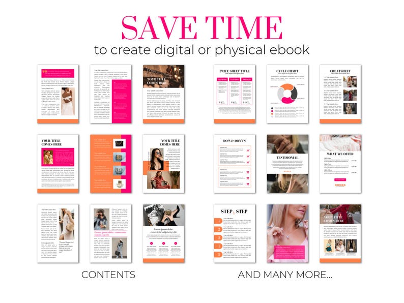 Op de afbeelding: Een collage van afbeeldingen die verschillende sjablonen laten zien voor het maken van een e-book. De sjablonen bevatten secties voor een prijsoverzicht, een cyclisch diagram, getuigenissen en meer. De tekst "SAVE TIME to create digital or physical ebook" staat bovenaan de afbeelding. De tekst "CONTENTS" staat linksonder in de afbeelding. De tekst "AND MANY MORE..." staat rechtsonder in de afbeelding.
