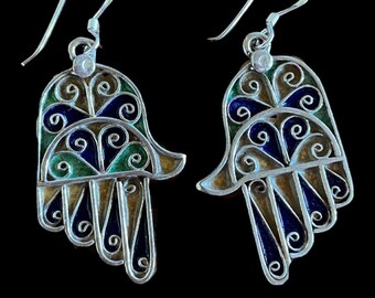 Sterling Silver Berber Hamsa Hand Of Fatima Enamel Earrings, Moroccan Berber Silver Hand Of Fatima Pair Of Earrings With Colored Enamel