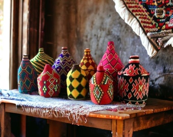 Brown And Yellow Moroccan Basket, Handmade Basket, Berber Bread Basket, Tribal Basket, African Basket, Storage Basket, Basket With Lid