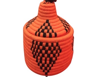 Vintage Orange And Black Moroccan Basket, Handmade Basket, Berber Bread Basket, Tribal Basket, Storage Basket, Basket With Lid