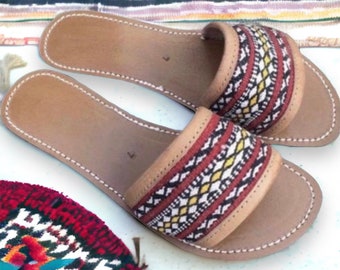 Red Brown Kilim Leather Slides, Handmade Moroccan leather Sandals, kilim Leather Sandals