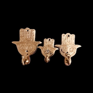 Set of 3 Moroccan Brass Hand of Fatima Hooks: Metal Wall Hanging