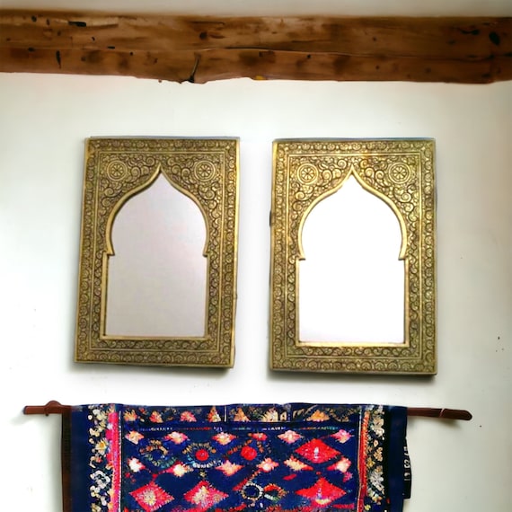 Moroccan Brass Wall Mirrors (Set of 2), Handmade Pointed Door Design