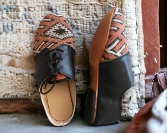 Handmade Kilim Oxfords: Black Leather Tie-Up Shoes (EU 37 / US 6-6.5)
